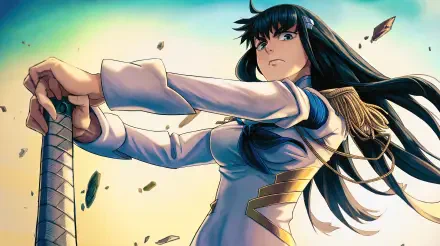 Satsuki Kiryūin from Kill la Kill grips a katana amid flying debris in this 5K Ultra HD PC desktop wallpaper.