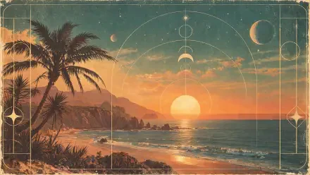 Vintage summer 4K Ultra HD desktop wallpaper of palm trees framing a sunset over the ocean and beach, with celestial moon accents.
