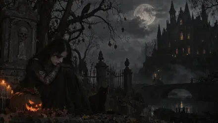 4K Ultra HD Halloween gothic desktop wallpaper of a shadowy graveyard, haunted house, full moon, and glowing jack-o’-lantern.