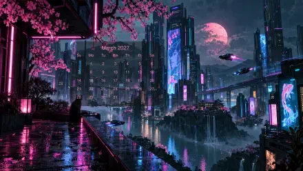 March 2027 calendar over a neon cyberpunk cityscape with a pink moon, 4K Ultra HD PC desktop wallpaper and background.