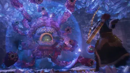 Dragon’s Dogma 2: Dark Arisen 4K Ultra HD PC desktop wallpaper featuring a warrior facing a giant alien eye in a glowing purple-blue cavern.