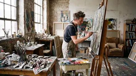Artist painting in a sunlit, cluttered studio, captured as a 5K Ultra HD PC desktop wallpaper and background.