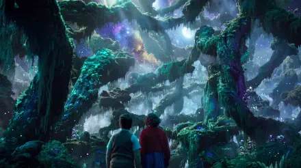 The Chronicles of Narnia: The Magician’s Nephew forest wallpaper, with two figures beneath towering magical trees, in 5K Ultra HD for PC desktop backgrounds.