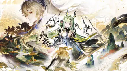 Si from Arknights: Endfield amid flowing green-and-gold brushstrokes in a 5K Ultra HD anime girl PC desktop wallpaper.