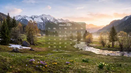 March 2027 calendar over a 5K Ultra HD mountain landscape wallpaper with a winding river, snow-capped peaks, and a sunlit valley.