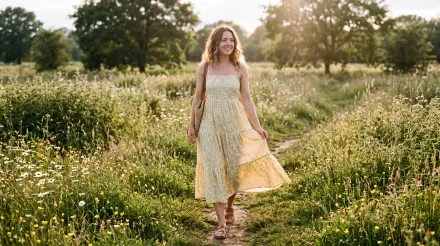 Woman in a flowing sundress walking through a sunlit meadow, 5K Ultra HD desktop wallpaper background.