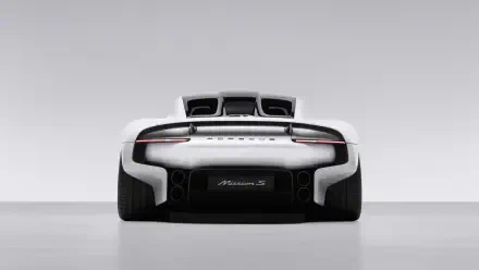 Rear view of a white Porsche Mission S supercar in a minimalist studio, featured in a 5K Ultra HD PC desktop wallpaper.
