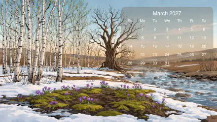 March 2027 calendar 4K desktop wallpaper featuring a snowy riverside landscape, bare trees, and purple spring flowers.