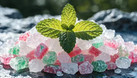 Fresh mint leaves atop colorful peppermint ice candies, 4K Ultra HD PC desktop wallpaper and background.