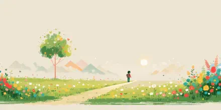 Wanderlust landscape with a flower-filled meadow, lone tree, distant mountains, and a traveler beneath a soft sun—4K Ultra HD PC desktop wallpaper.