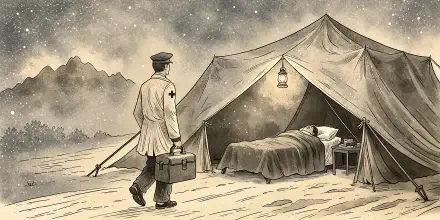 Vintage sepia illustration of a man with a medical armband beside a lit camping tent and bed, 4K Ultra HD desktop wallpaper background.