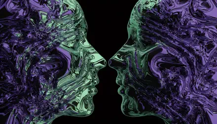 Abstract soulmate portrait of mirrored purple and green faces in profile, facing each other on a 4K Ultra HD desktop wallpaper.