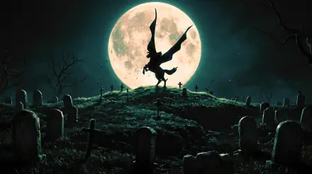 Vampire Hunter D anime wallpaper: a cloaked figure silhouetted against a full moon in a graveyard, 5K Ultra HD desktop background.