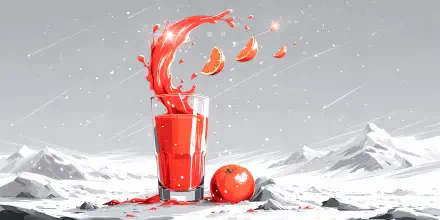 4K Ultra HD PC desktop wallpaper of a glass of tomato juice splashing beside a ripe tomato on a snowy mountain landscape.