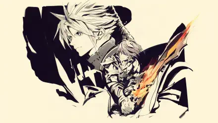 Cloud Strife with a fiery sword in anime manga art, Final Fantasy Resonance 4K Ultra HD PC desktop wallpaper.