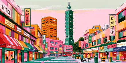 Colorful illustrated Taipei street scene with Taipei 101 rising above shops and traffic in Taiwan, 4K Ultra HD desktop wallpaper.
