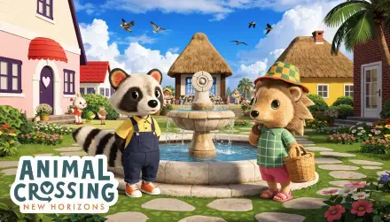 Animal Crossing cartoon animals by a village fountain, 4K Ultra HD PC desktop wallpaper and background