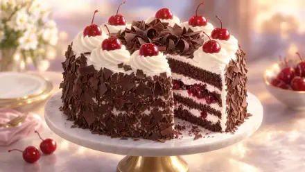 4K Ultra HD desktop wallpaper of a Black Forest chocolate cherry cake topped with whipped cream, cherries, and chocolate shavings.