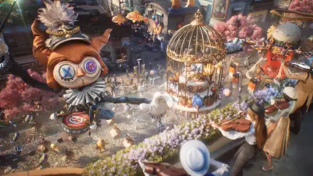 Ordinary Oddness steampunk HD PC desktop wallpaper featuring a whimsical rabbit, ornate birdcage, and bustling fantasy scene.