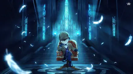Detective Conan anime boy in a glowing blue futuristic hall, 2K Quad HD PC desktop wallpaper and background.