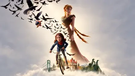 Wildwood (2026) 4K Ultra HD desktop wallpaper featuring a girl riding a bicycle with a boy and a flock of birds above a fantasy landscape.