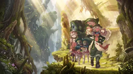 Made in Abyss adventurers exploring a sunlit forest, 5K Ultra HD PC desktop wallpaper and background.