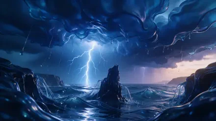 Lightning strikes over a turbulent ocean beneath dark thunderstorm clouds, 4K Ultra HD PC desktop wallpaper and background.