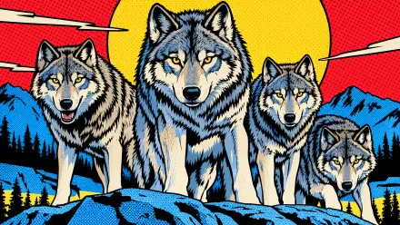 Comic-style wolf pack of four wolves against a bold red, blue, and yellow landscape, 4K Ultra HD PC desktop wallpaper and background.