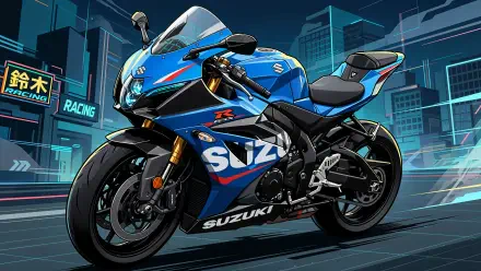 Blue Suzuki racing sportbike in a neon-lit city, featured in a 4K Ultra HD PC desktop wallpaper background.