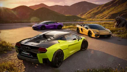 Lime green Lamborghini Temerario Tettonero with purple and yellow sports cars beside a lake, 2K Quad HD PC desktop wallpaper background.