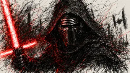 Kylo Ren wielding a red lightsaber in a dark, sketch-style Star Wars scene, 4K Ultra HD PC desktop wallpaper and background.