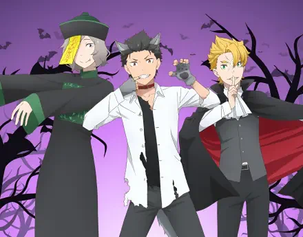 Re:Zero HD PC desktop wallpaper featuring Otto Suwen, Subaru Natsuki, and Garfiel Tinsel against a purple, spooky backdrop.