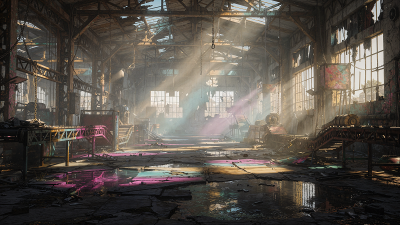 {{ Sunlit, dust-filled abandoned factory interior with broken windows, scattered debris and reflective puddles — 4K Ultra HD PC desktop wallpaper and background.