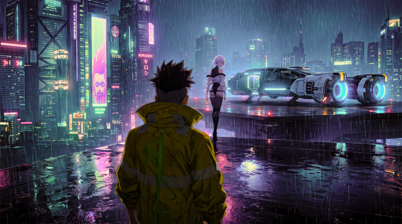 {{ Cyberpunk: Edgerunners 5K Ultra HD PC desktop wallpaper and background — David in a yellow coat watches Lucy by a neon-lit hovercar on a rainy rooftop above a neon-soaked cyberpunk city.