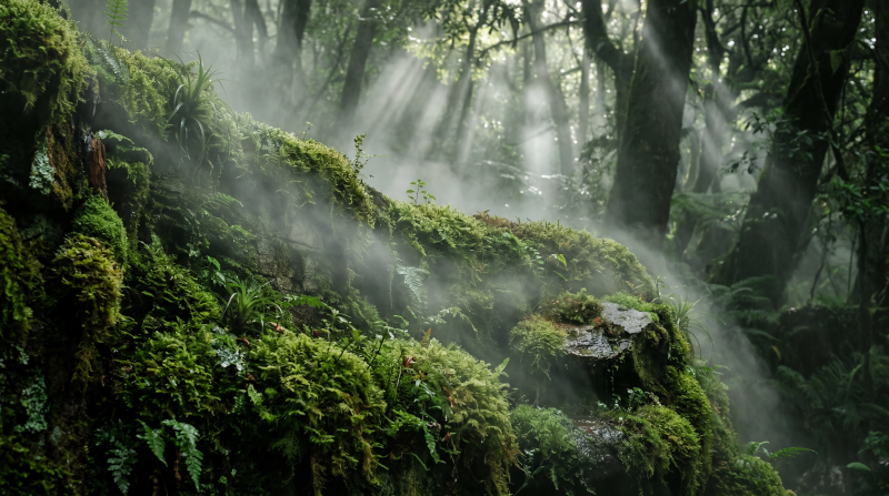 {{ Moss wall in a misty forest with sunbeams piercing the canopy and lush green textures — 5K Ultra HD PC desktop wallpaper and background.