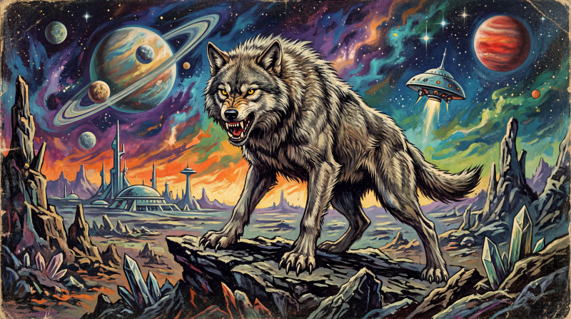 {{ 5K Ultra HD PC desktop wallpaper: snarling gray wolf prowls a colorful alien landscape with distant planets, a UFO, a futuristic city and crystalline rocks under a starry sky.