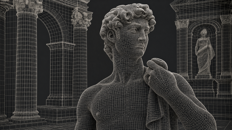 {{ Wireframe-style classical marble statue amid arched colonnade, monochrome 4K Ultra HD PC desktop wallpaper and background.