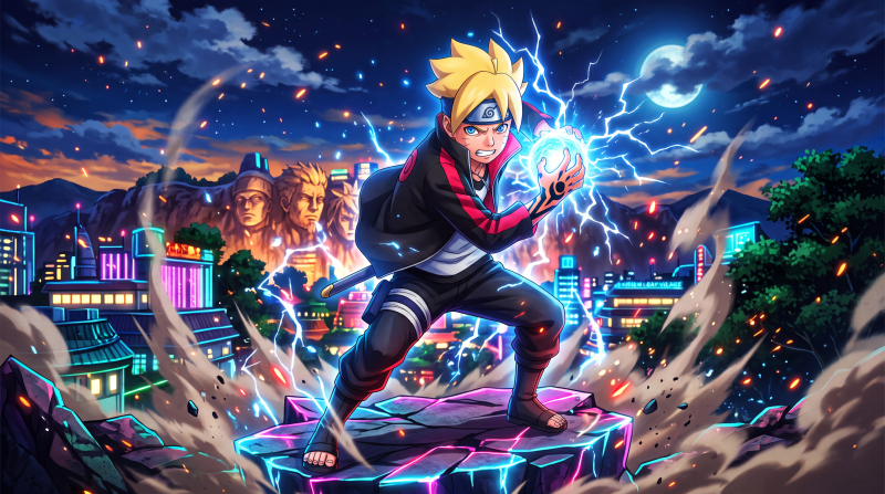 {{ Boruto charging a crackling blue Rasengan on a shattered rooftop above a neon village at night, dynamic debris and lightning — 5K Ultra HD PC desktop wallpaper and background.