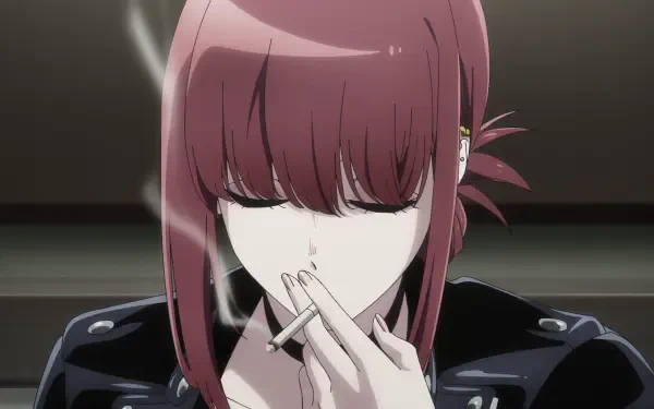 HD PC wallpaper of Yamada from the anime Smoking Behind the Supermarket with You, bangs hiding her eyes as she smokes a cigarette against a dim, moody backdrop.