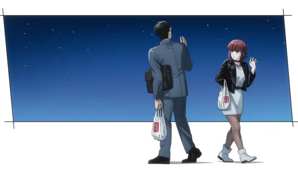 Anime HD desktop wallpaper: Yamada and Sasaki (Smoking Behind the Supermarket with You) stand under a starry sky, holding supermarket bags and smoking, backs turned in a quiet pose.