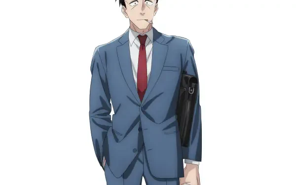 2K Quad HD anime wallpaper of Sasaki from Smoking Behind the Supermarket with You — man in a blue suit carrying a briefcase with a red tie.