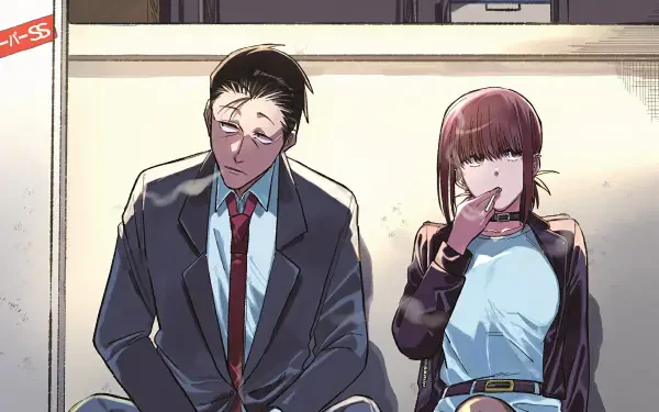 2K Quad HD anime wallpaper: Yamada and Sasaki from Smoking Behind the Supermarket with You sit on a curb behind a supermarket, smoking in a quiet, muted evening scene.