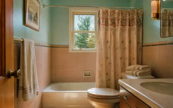 4K Ultra HD PC desktop wallpaper and background: pastel bathroom with tub, shower curtain, sink, stacked towels and a sunlit window.