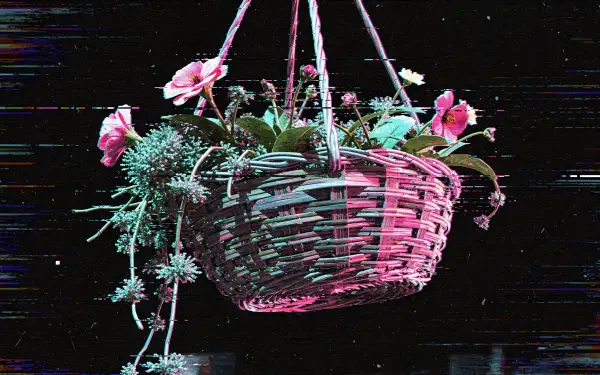4K Ultra HD PC desktop wallpaper: woven hanging basket with pink flowers and trailing succulents, lit in neon pink-blue against a dark glitch-textured background.