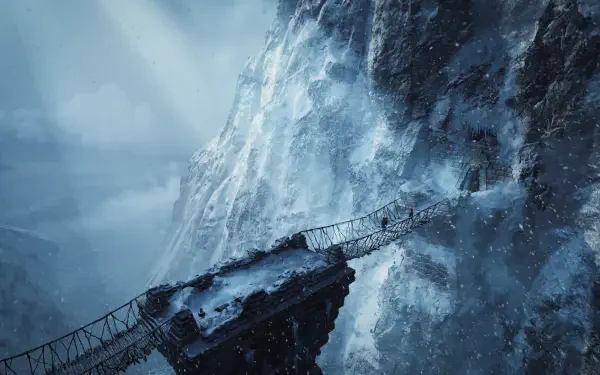4K Ultra HD PC wallpaper: Tomb Raider: Legacy of Atlantis — Lara Croft crosses a rickety rope bridge over a frozen chasm between towering icy cliffs under pale, stormy light.