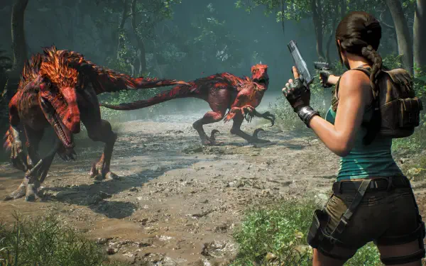 4K Ultra HD PC wallpaper of Lara Croft from the video game Tomb Raider: Legacy of Atlantis, aiming a pistol at two snarling raptors in a dense jungle.