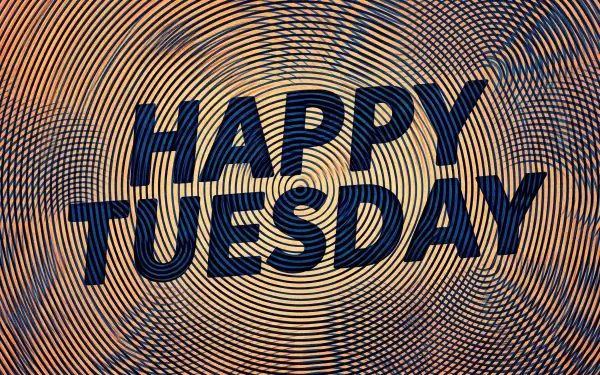 Bold HAPPY TUESDAY over concentric gold-and-navy circular lines; 5K Ultra HD PC desktop wallpaper and background.