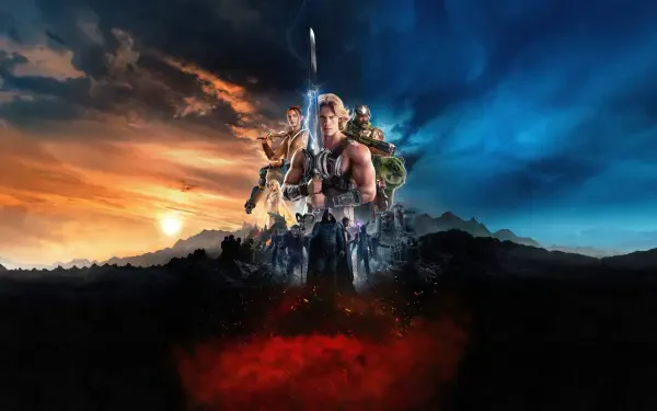 He-Man and allies atop a rocky fortress, sword raised against fiery sunset and stormy blue sky, red abyss below — Masters of the Universe (2026) movie 4K Ultra HD PC desktop wallpaper/background.