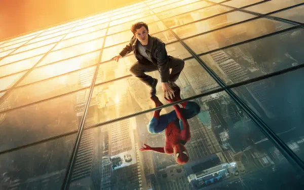 Spider-Man: Brand New Day — Spider-Man crouches on a mirrored skyscraper window at sunset, his reflection and the city below visible; 5K Ultra HD PC desktop wallpaper and background.