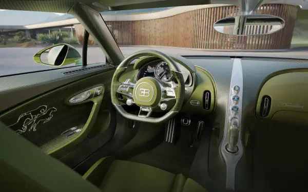 Green Bugatti Brouillard cockpit interior showing steering wheel, dashboard and center console — 4K Ultra HD PC desktop wallpaper.